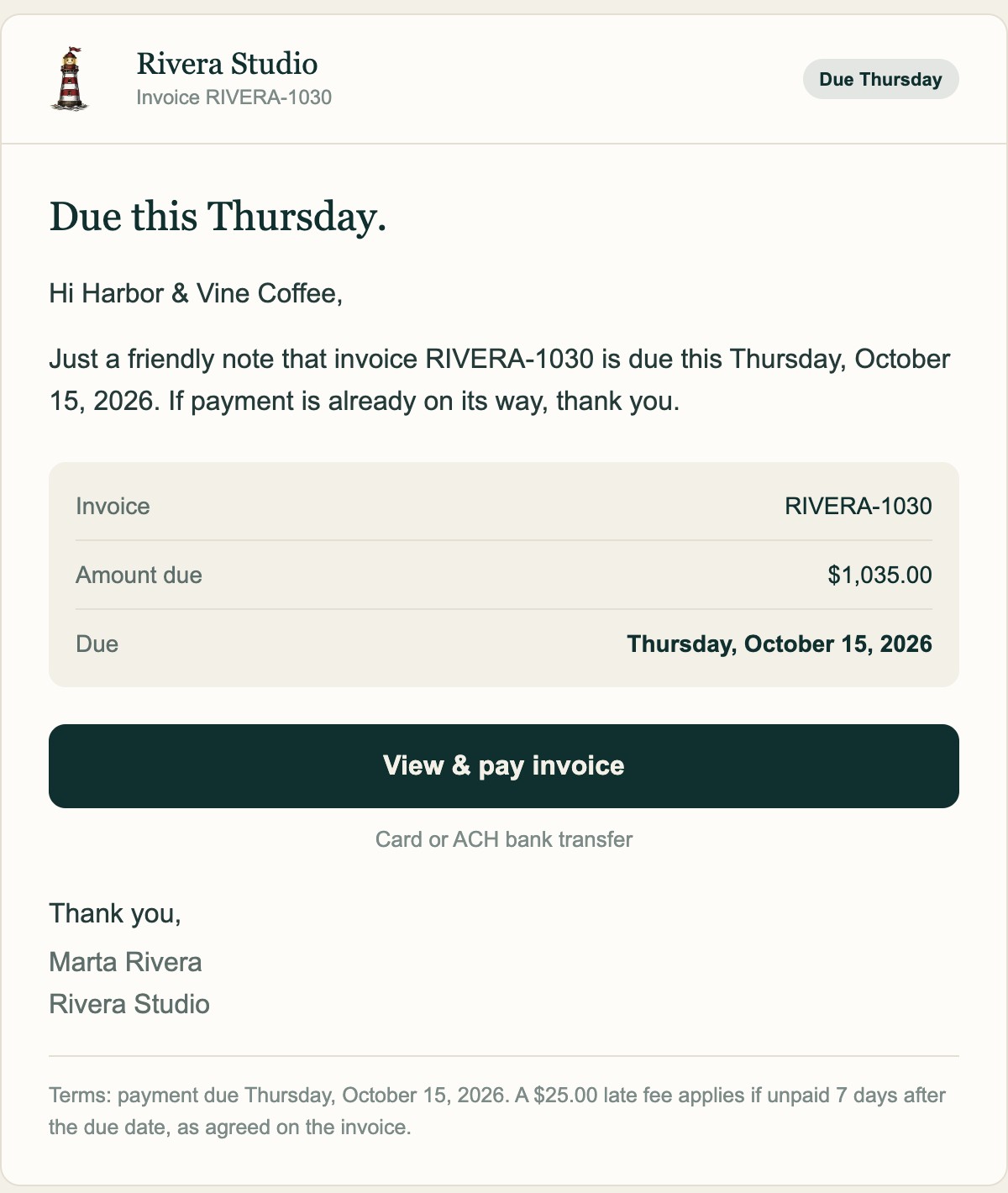 A Dunn reminder email: Due this Thursday, signed by the business owner