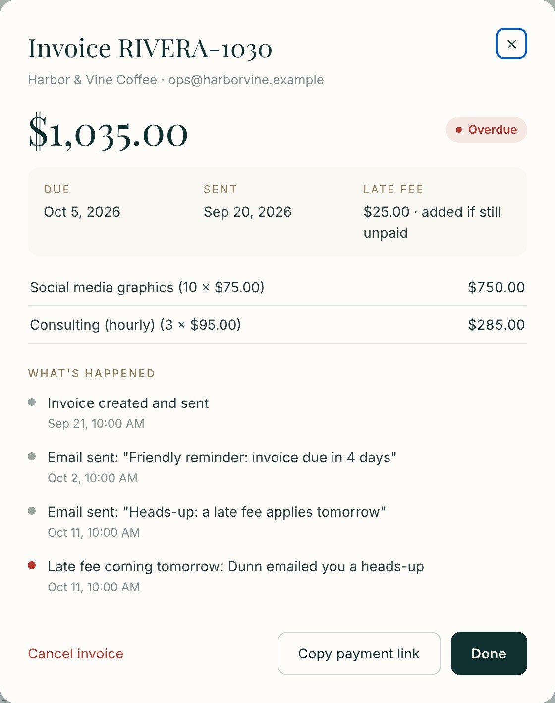 Dunn invoice view with a timestamped history of emails and fees