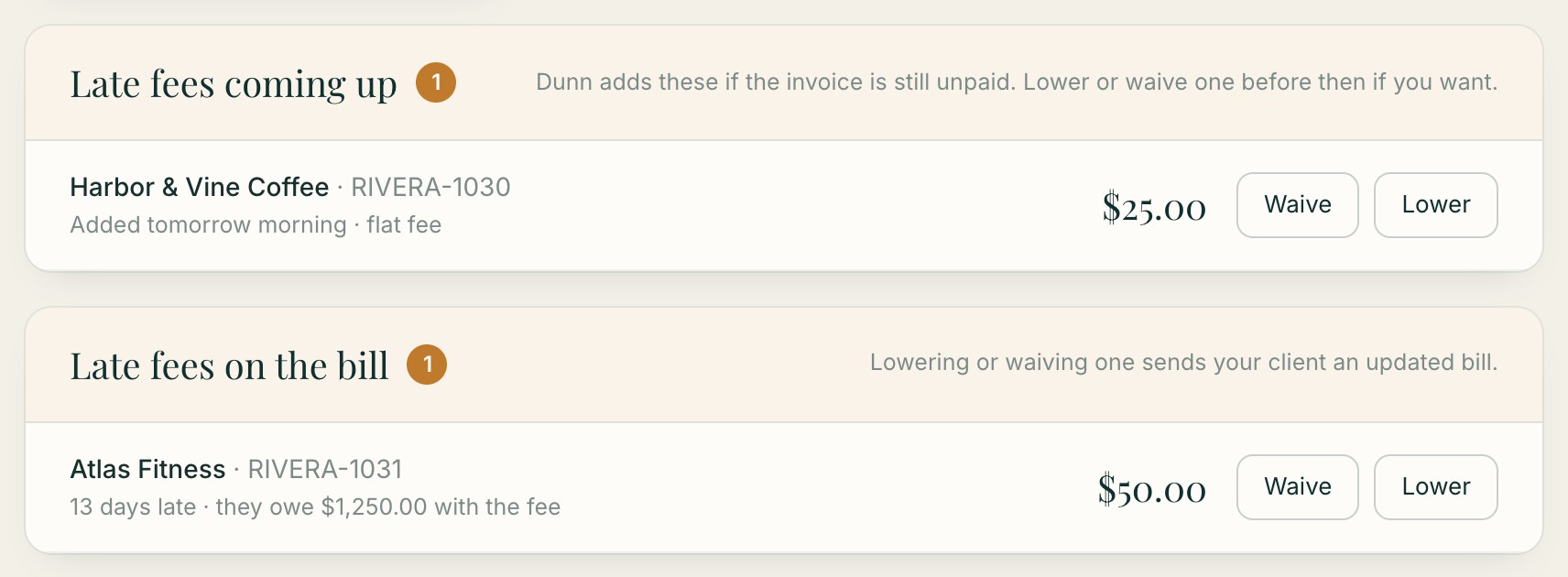 Dunn dashboard: late fees coming up, with Waive and Lower buttons